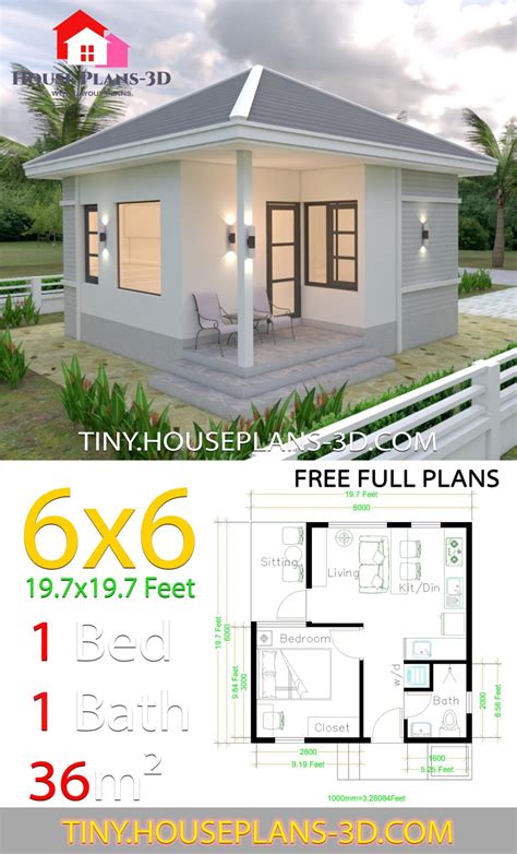 House Plans 6x6 with One Bedroom Hip Roof - SamPhoas Plan