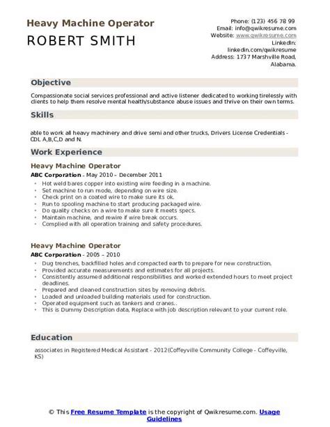 Heavy Machine Operator Resume Samples | QwikResume