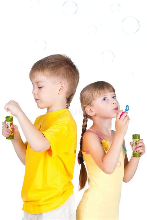 Kids Playing with Bubbles Isolated on White Stock Image - Image of ...