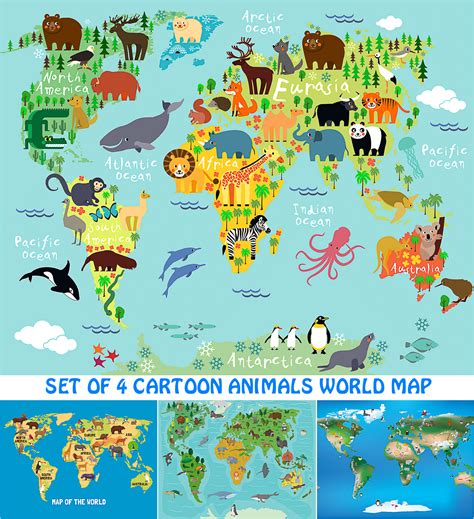 Cartoon animals world map set vector | Free download