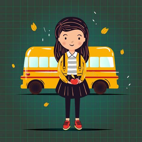 School Girl and Yellow School Bus. Back To School Kids Cartoon Vector Illustration Stock ...
