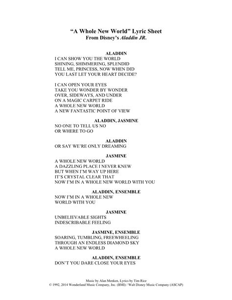 “A Whole New World” Lyric Sheet from Disney’S Aladdin JR - DocsLib