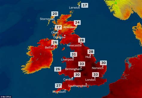 UK weather forecast sees temperatures of 34C amid summer heatwave | Daily Mail Online