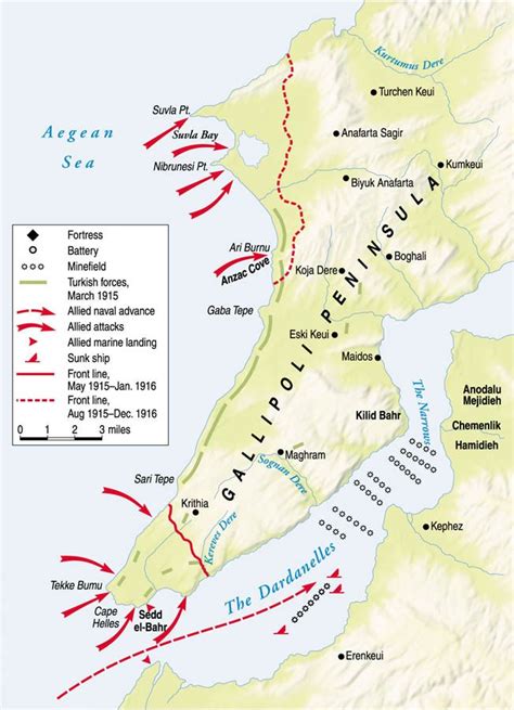 Allied movement and landing points on the Peninsula of Gallipoli.