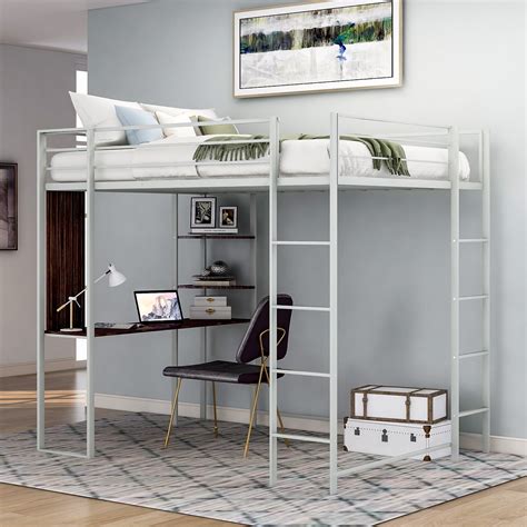 Twin Metal Loft Bed with 2 Shelves and one Study Desk Two built-in ...