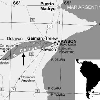 Map location of the lower Chubut River Valley (Chubut Province ...