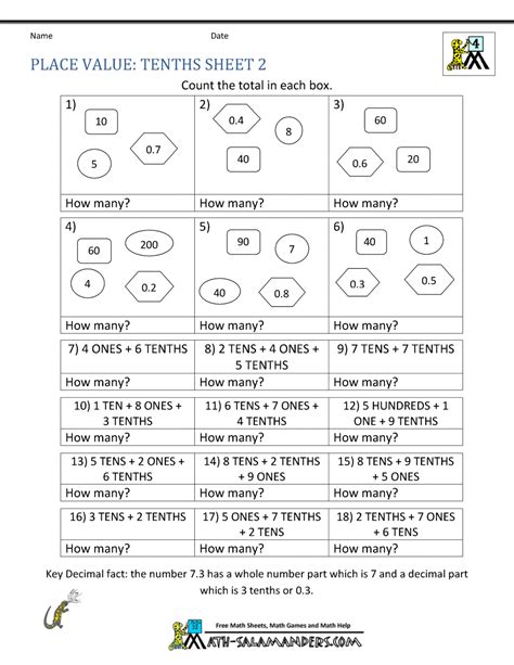 Decimal Place Value Worksheets 4th Grade