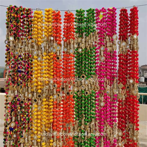 Set Of 5 Multicolour Pompom Garlands For Indian Henna Diwali Decoration ...