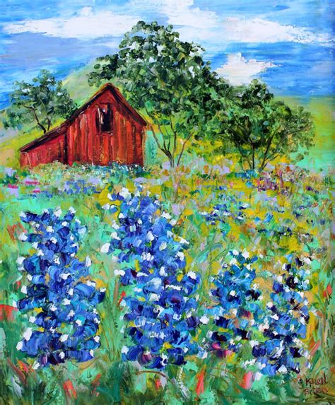 Original oil painting Texas Bluebonnets and Barn by Karensfineart