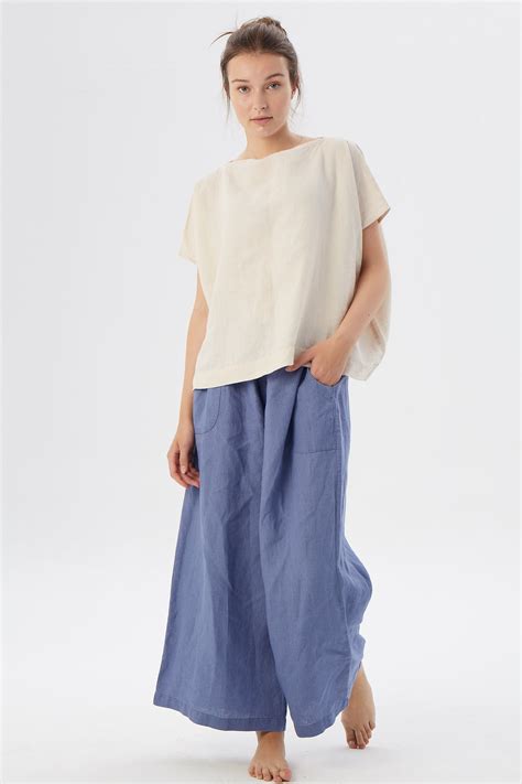 Wide leg linen pants with square pockets AUSTIN / Elastic waist linen ...