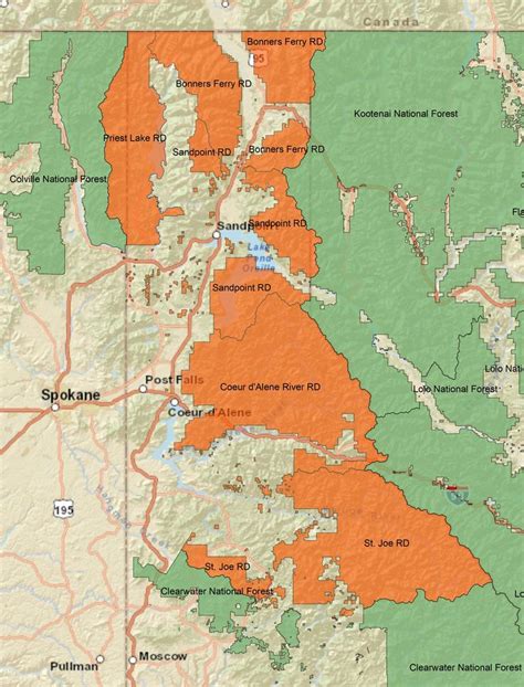 A map of Idaho Panhandle National Forest in Idaho, Montana, and Washington