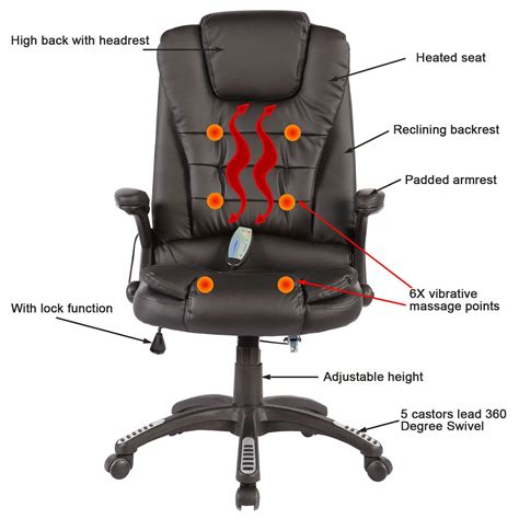 an office chair with the parts labeled in red and orange on it's back