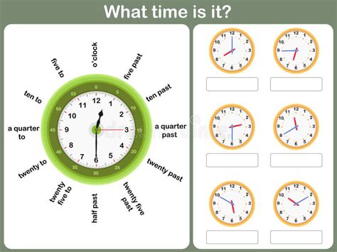 Telling Time Worksheet. Write The Time Shown On The Clock Stock Vector ...