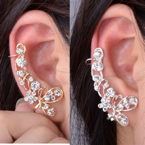 Attractive Retro Crystal Ear Clip Butterfly Flower Gold Ear Cuff Stud Earring Wrap Clip On Ear ...