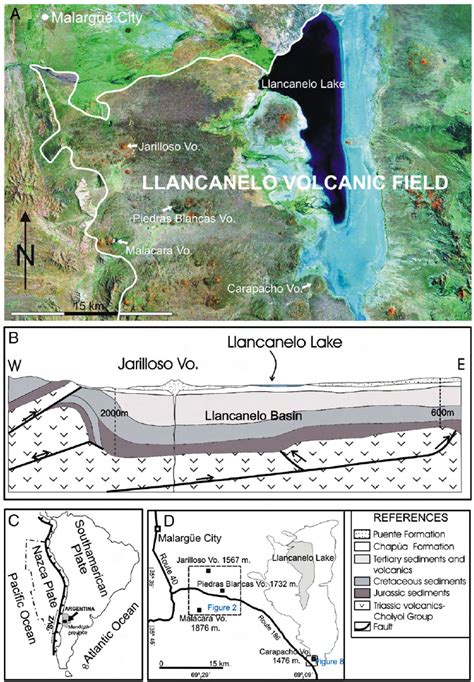 A: The Llancanelo Volcanic Field with the saline lake, a light coloured... | Download Scientific ...