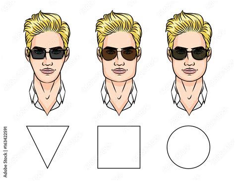 Vector illustration of sunglasses for different face shapes. Male face ...