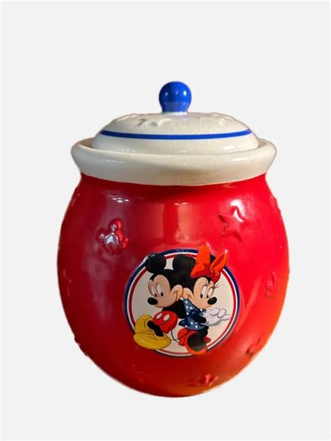 DISNEY MICKEY AND Minnie Mouse Red White & Blue Ceramic Cookie Jar Canister $17.99 - PicClick