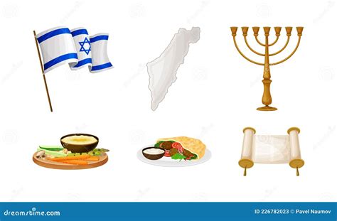 Israeli or Jewish Attributes with Menorah and Torah Scroll Vector Set ...