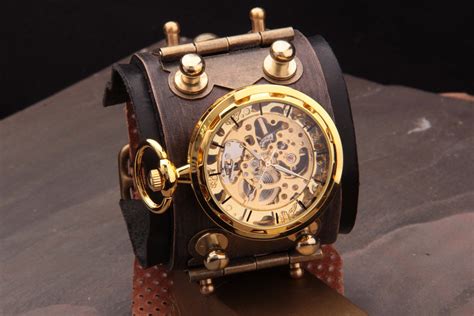 STEAMPUNK Leather Cuf, Steampunk watch, Steampunk Bracelet, Gothic Cuff, Movement Watch Cuff ...