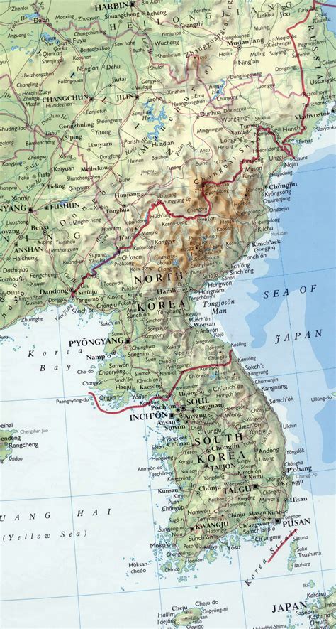 Detailed map of Korean Peninsula with relief, roads, major cities and airports | North Korea ...