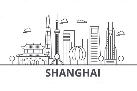 Shanghai architecture line skyline illustration. Linear vector cityscape with famous landmarks ...
