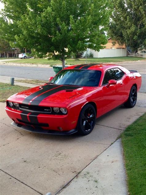 Dodge Challenger in Torred Red w/Black Stripes~ #americanmusclecarschevy | Dodge challenger ...