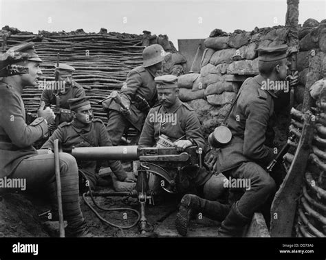 German WW1 soldiers with machine gun 40 meters from the British trenches. 1916. A soldier with ...