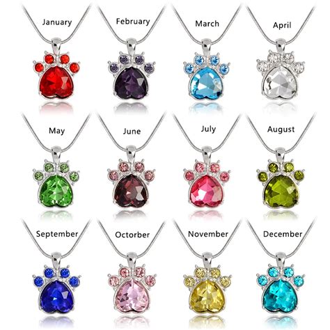 QIHE JEWELRY Simulated birthstone necklace Rhinestone paw print charm necklace Personalized ...