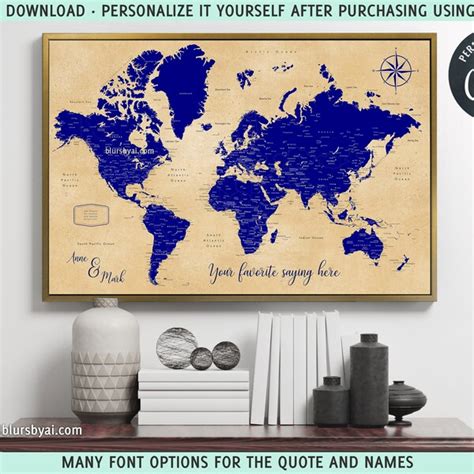 Navy Blue World Map Cities - Etsy