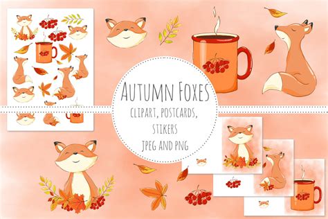 autumn foxes clipart, cards, stickers (1421600) | Illustrations | Design Bundles