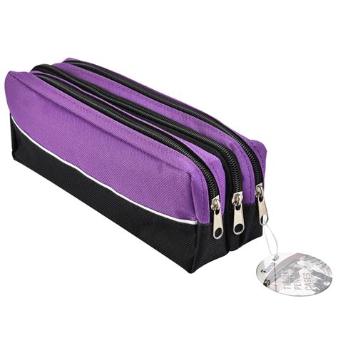 Arpan Triple Pocket Zip Rectangular Large Fabric Pencil Case School- Make-up (PURPLE)