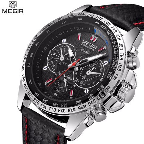 MEGIR Men's Casual Watches Casual Quartz Watch Black Leather ...