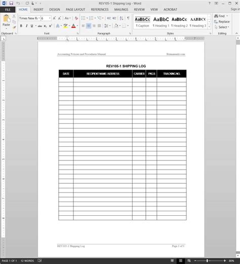 Shipping Log Template
