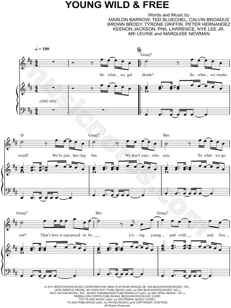 Snoop Dogg "Young, Wild & Free" Sheet Music in D Major (transposable ...