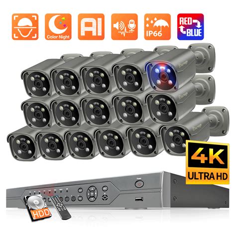 4K 16CH POE Camera System with Red and Blue Alarm Light – Techage.com