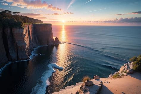 Premium AI Image | A sunset over the ocean with a cliff face and a sunset in the background.