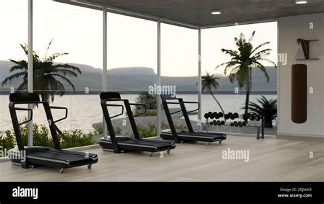 Interior design of a modern contemporary fitness with a beautiful ocean ...