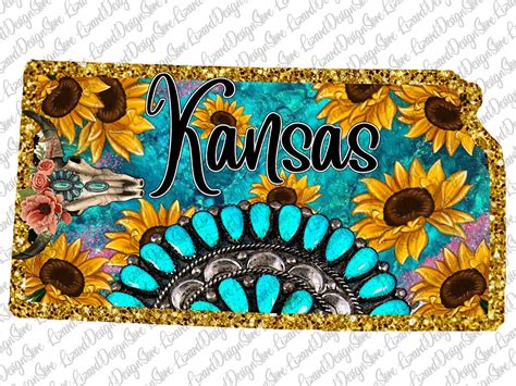 Kansas Sunflower Gemstone Map, Kansas State, Boho Skull, Kansas Map ...