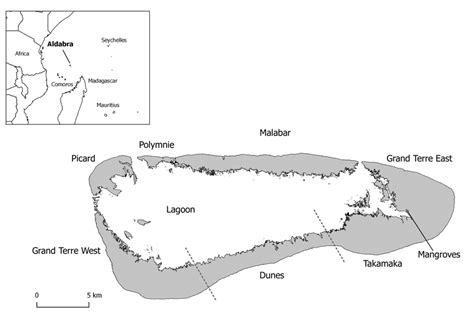 Map of Aldabra with names of main islands and key areas described in my...