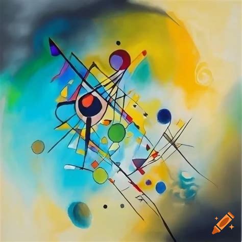 Abstract kandinsky style painting with natural brushstrokes in gray, white, green, blue, yellow ...