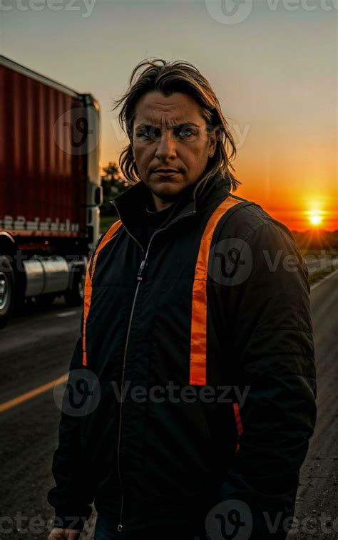 photo of truck driver with truck in background sunset scene generative ...