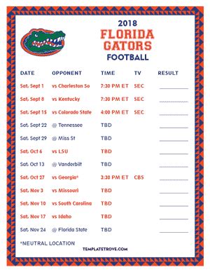 Printable 2018 Florida Gators Football Schedule