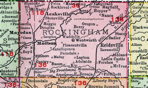 Rockingham County, North Carolina, 1911, Map, Rand McNally, Reidsville, Madison, Mayodan ...