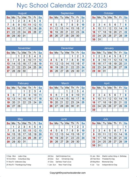 NYC School Holidays Calendar 2022 2023 - 2024 Calendar Printable