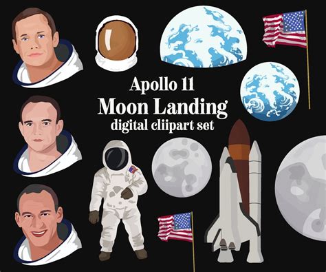 Moon Landing Apollo 11 Space Travel 1969 Digital Clipart Set Neil ...