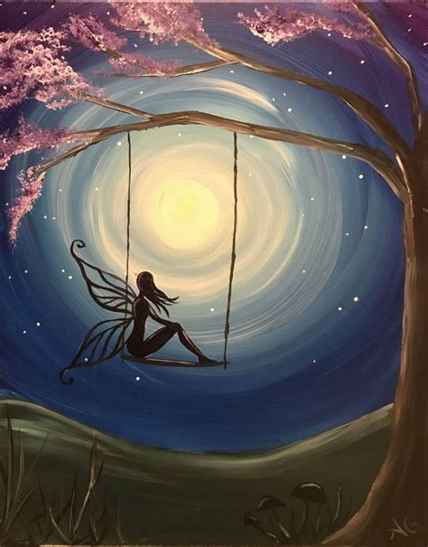 a painting of a girl sitting on a swing in the night sky with pink flowers