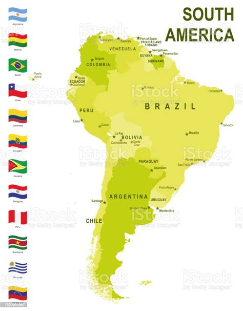 South America Green Map With Flags Against White Background Stock Illustration - Download Image ...