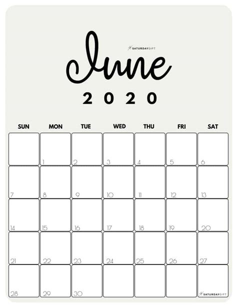 Cute (& Free!) Printable June 2020 Calendar | SaturdayGift