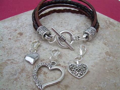 Leather Bracelet With Three Lobster Clasp Heart Charms In Antique Brown on Luulla