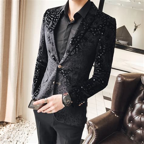 Black Velvet Blazer Men Male Suit Jacket Casual Business Flower Pattern Luxury Stylish Blazers ...